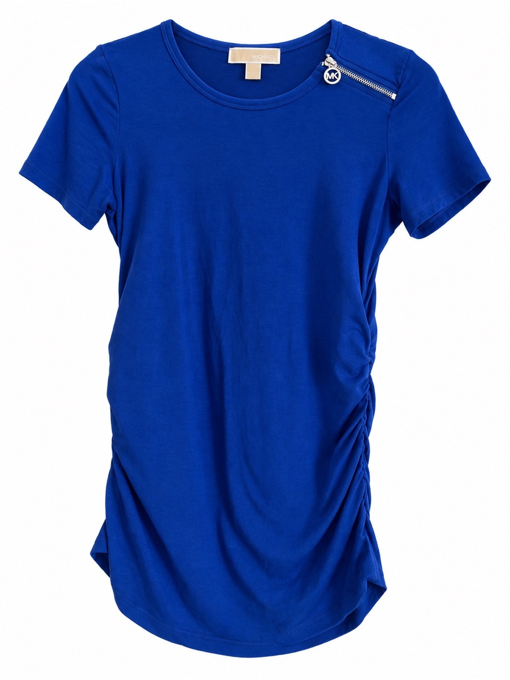 Michael Kors Cobalt Blue Short Sleeve Ruched Side Tee with Zipper Charm